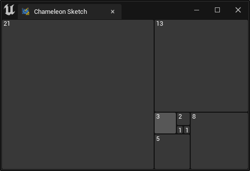 Several buttons in Unreal Engine Editor with a Fibonacci layout