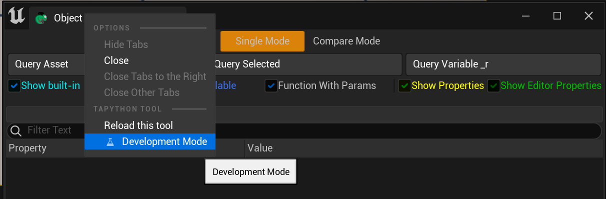 An example of a context menu: 'development mode'