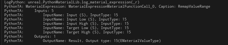 A snapshot of material info in the Output window of the UE Editor using TAPython