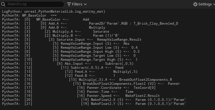 A snapshot of the material connection graph info in the Output window of the UE Editor using TAPython