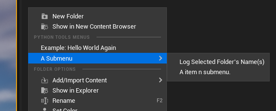 Hello world menu item in Unreal Engine's Content Browser created by TAPython