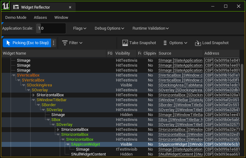 Snapshot of Unreal Engine's widget reflector
