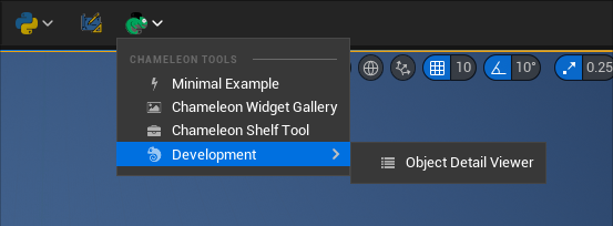 Chameleon Tools drop-down menu in Unreal Engine's main toolbar