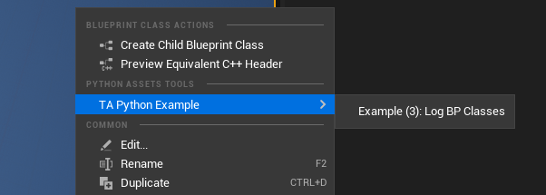 Menu item in selected asset's context menu