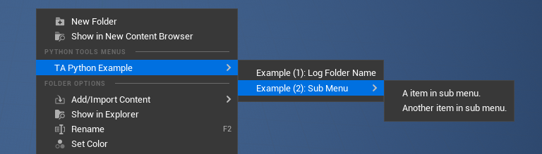Content menu items of selected folder in Unreal Engine's Content Browser