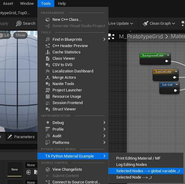 TAPython-created menu items in Unreal Engine's Material Editor