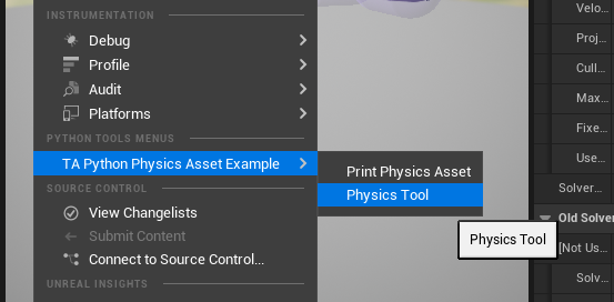 Custom menu in Unreal Engine Physics Asset Editor