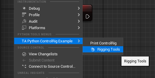 Menus created by TAPython in Unreal Engine Control Rig Editor