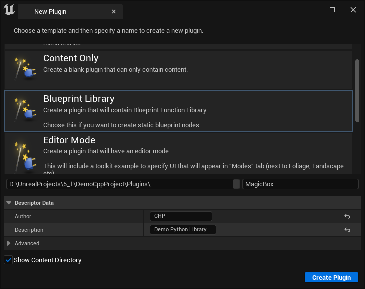 New plugin dialog, highlighting Blueprint Library category