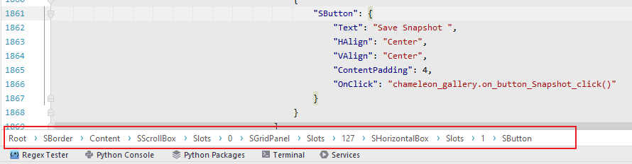 Widget path displayed in Pycharm