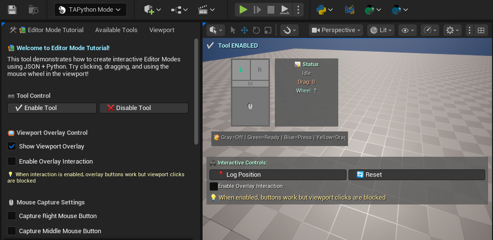 Create custom Editor Modes in Unreal Engine using TAPython with JSON UI definition and Python logic, no C++ required.