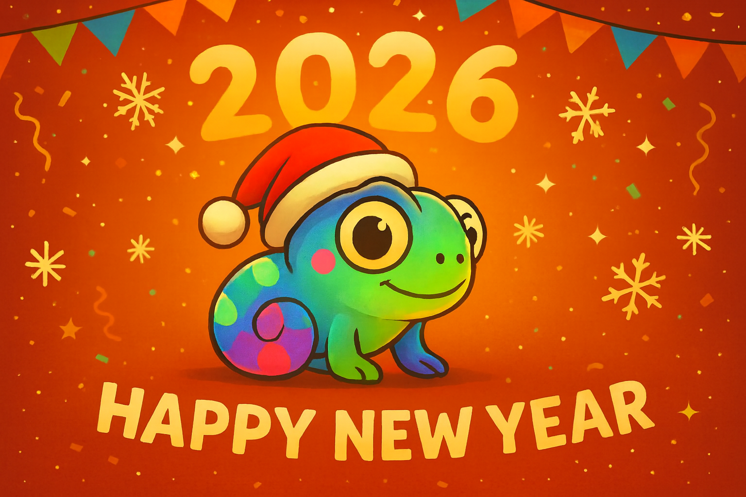 A picture shows the TAPython character cheering "Happy New Year"
