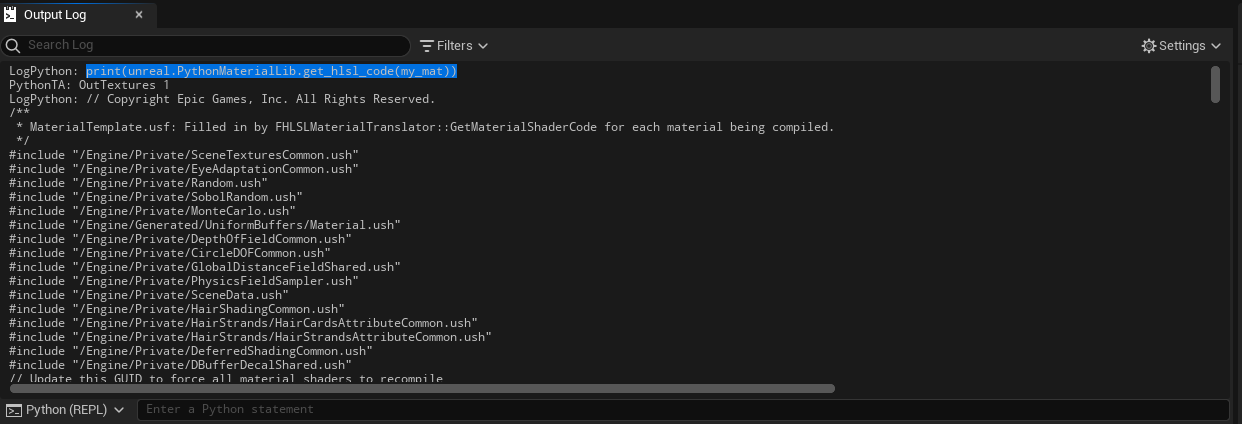 A GIF displaying the print HLSL code in the Material Editor